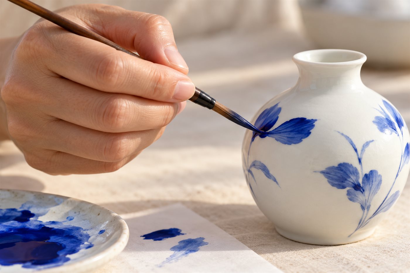 AI-created visual concept of a brush painting blue petals on porcelain; not footage of our supplier.