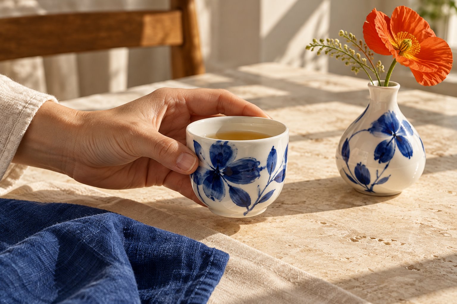 AI-created visual concept of blue-and-white porcelain in a sunlit everyday setting; not actual merchandise.